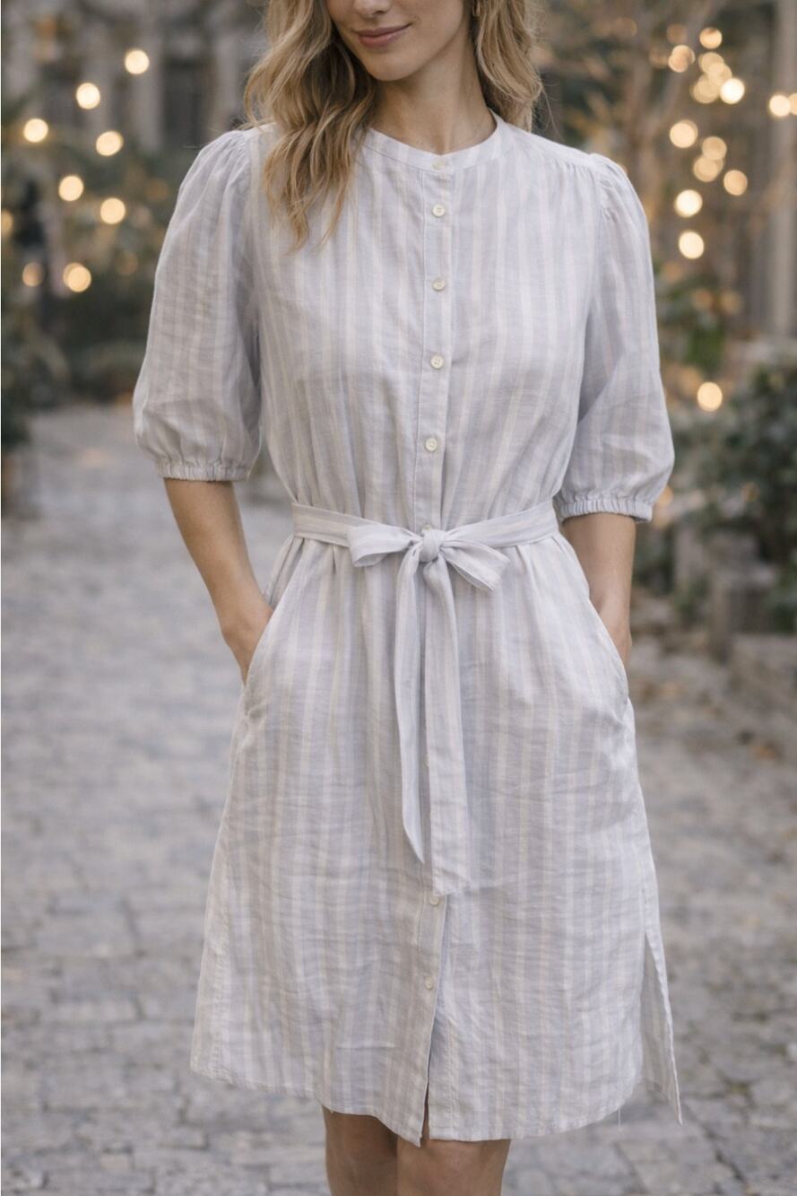 GAP Linen Shirt Dress White Gray Blue Stripe Tie Waist Button Front Size Small